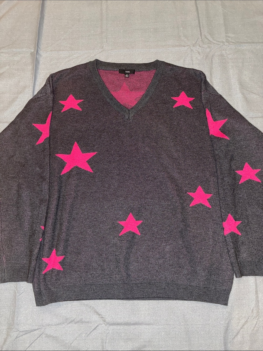 FATE Star Sweater Small Black Pink V-Neck Lightweight Knit